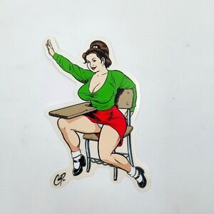 COOP Art Pinup Sticker Hot Girl School Desk Teacher Green Top Vinyl Decal VTG